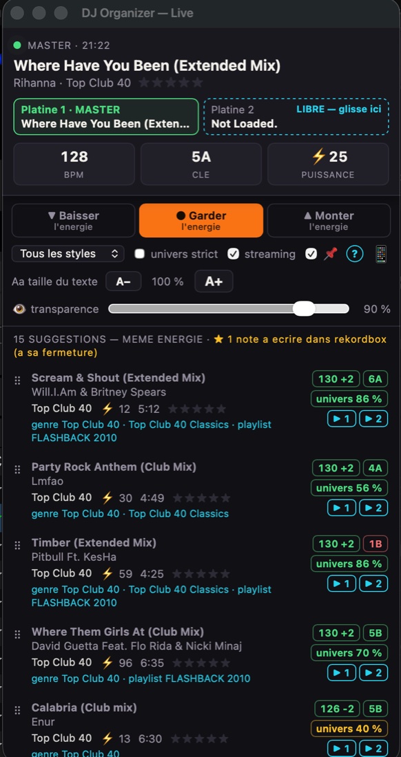 La mini-fenêtre DJ Organizer pendant un set : titre MASTER, modes d'énergie et suggestions